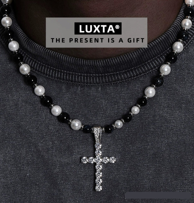 PEARL STONE ICED CROSS NECKRACE