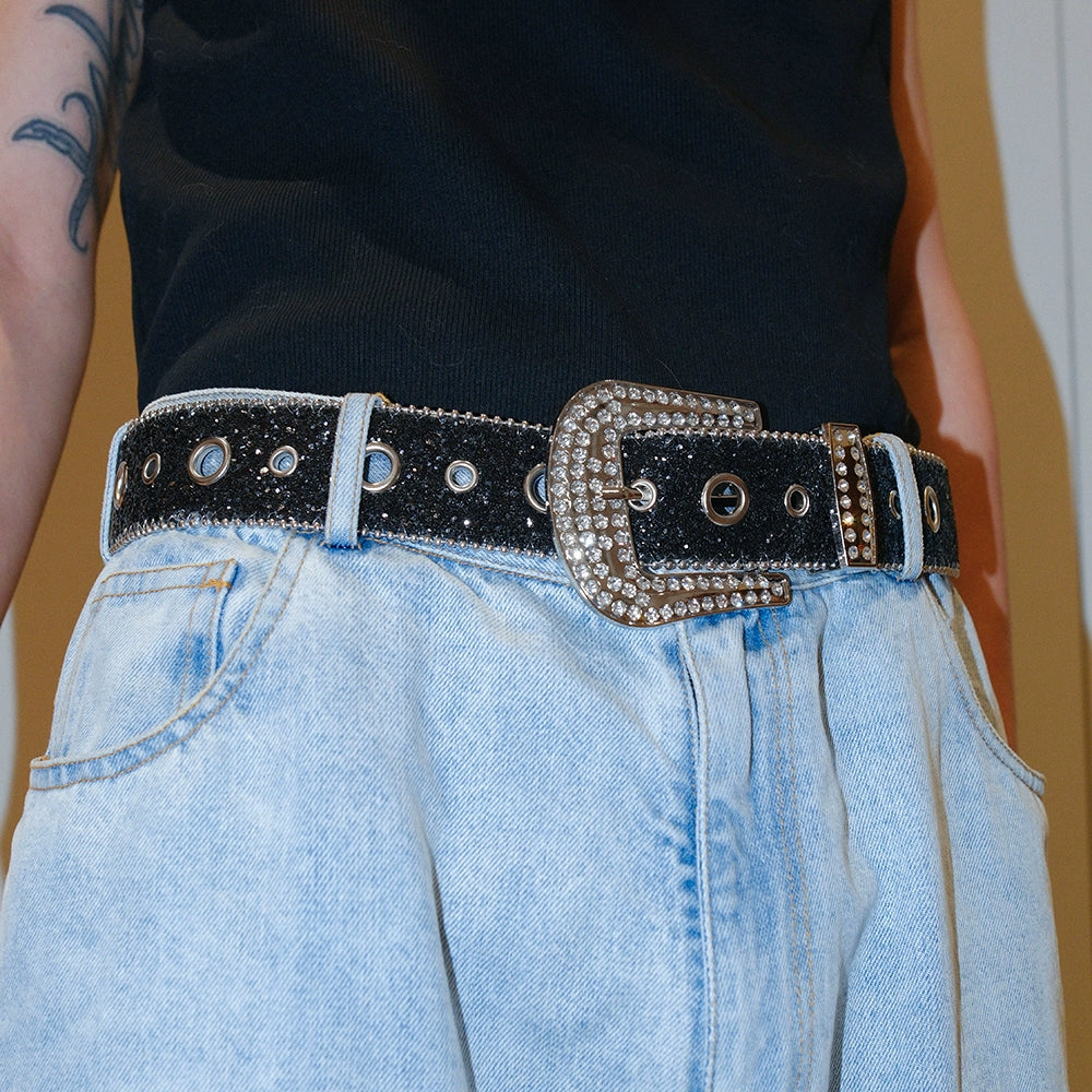 BLACK GLITTER RHINESTONE BELT