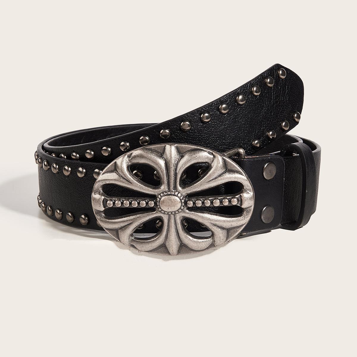 OVAL CROSS EMBOSSED BUCKLE STUD BELT