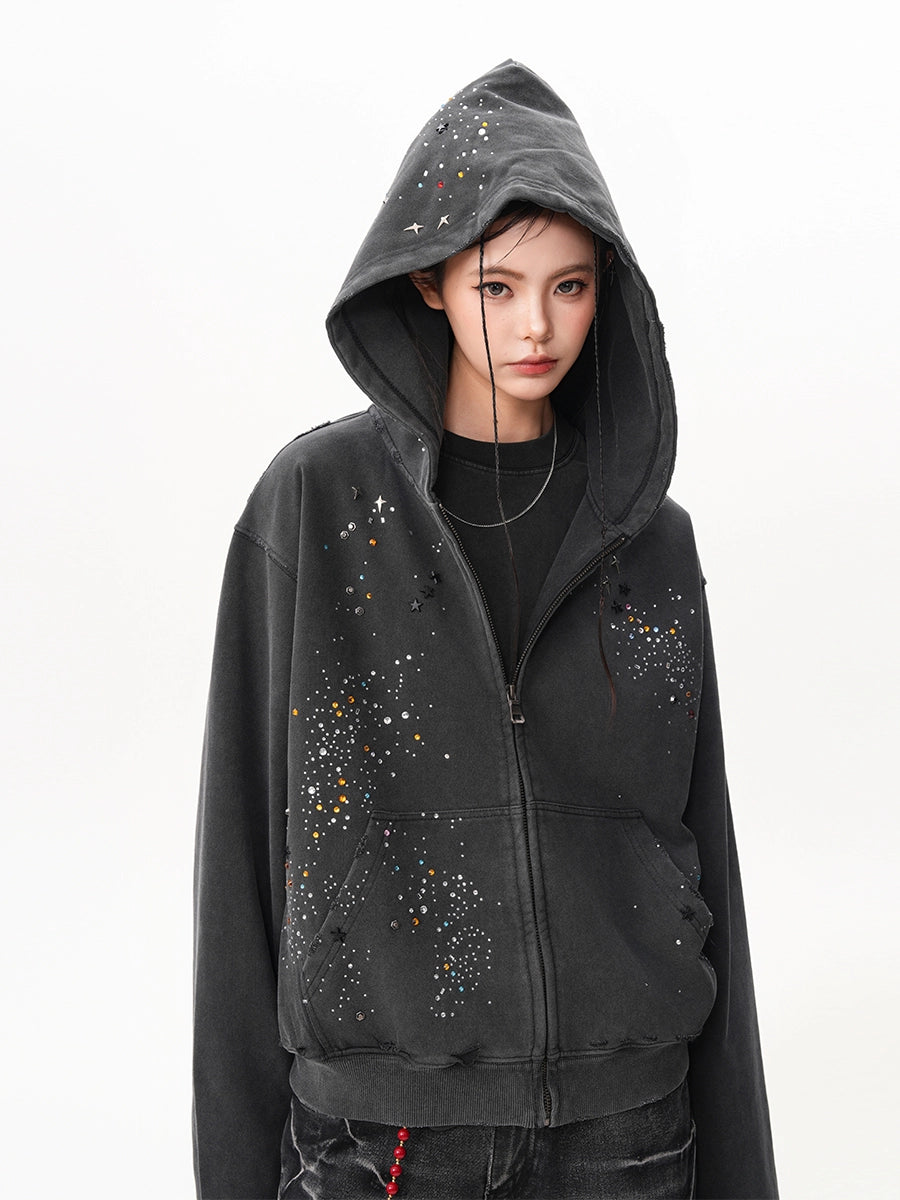RHINESTONE DAMAGED ZIPPED HOODIE