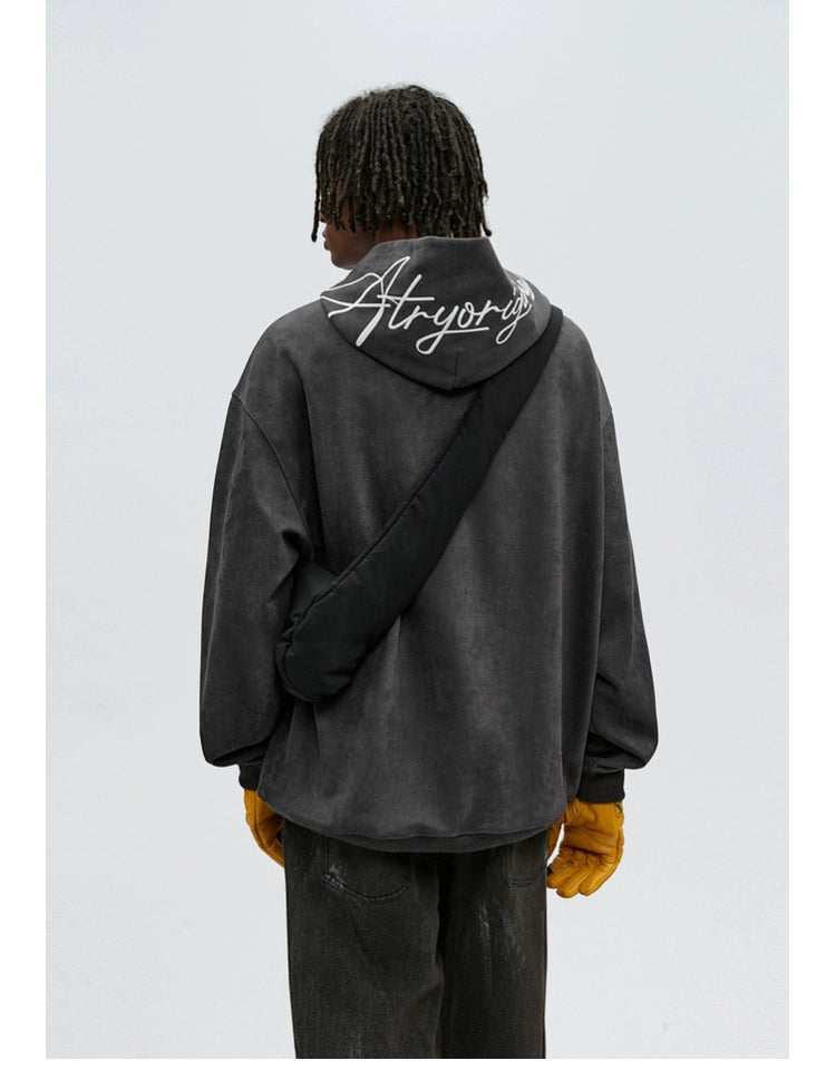 SCRIPT EMBROIDERIED SUEDE WASHED HOODIE