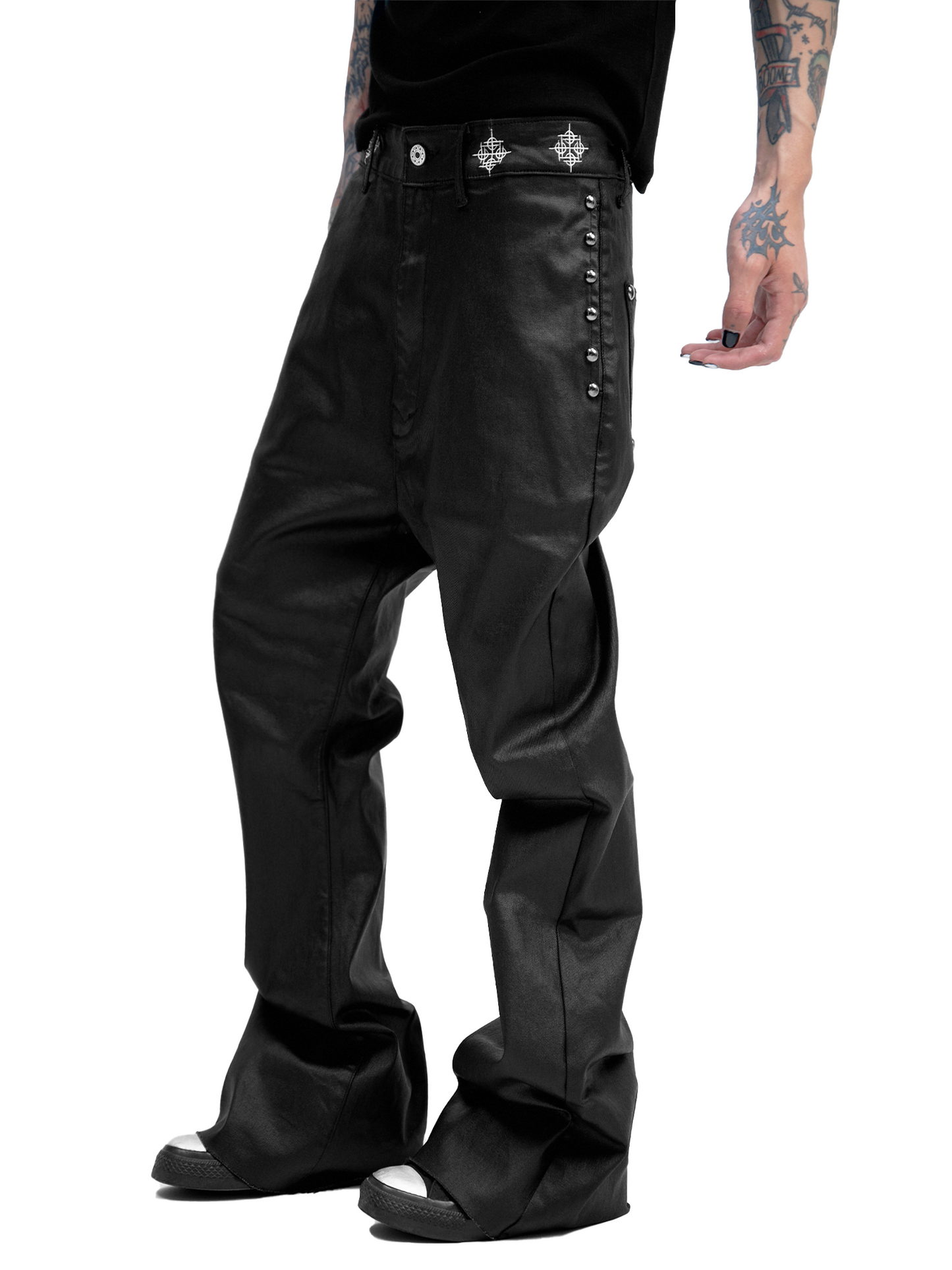 COATED BLACK DENIM FLARE TROUSERS