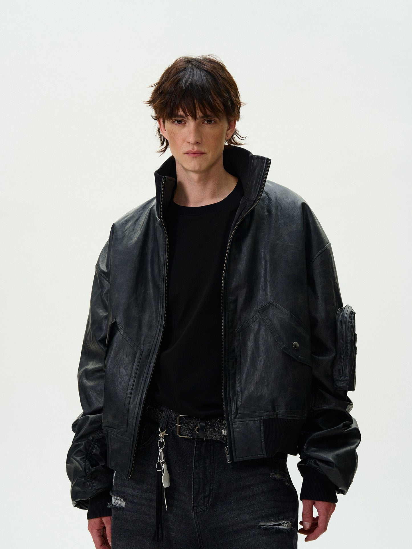 WASHED BOMBER PADDED PU LEATHER JACKET
