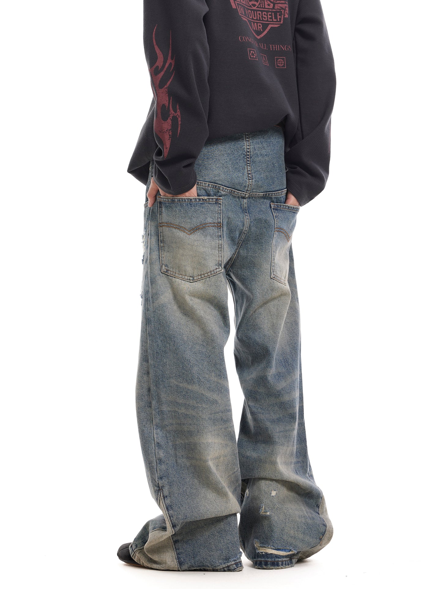 layered LAYERED WASHED VINTAGE DENIM PANTS