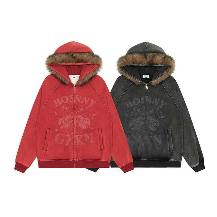 VINTAGE WASHED GRAPHIC FUR HOODED JACKET