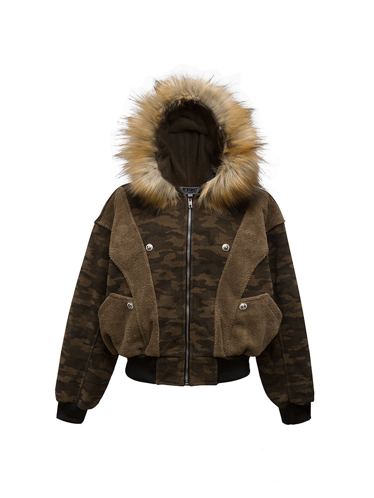CAMOUFLAGE SPLICED FUR HOODED FLEECE JACKET