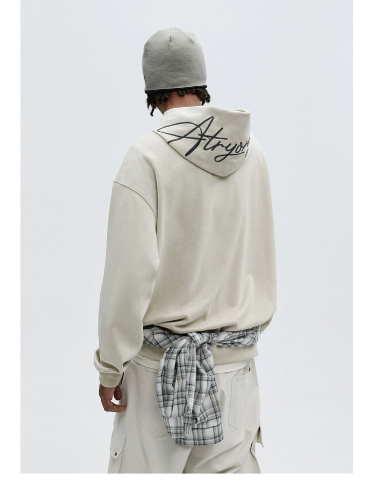 SCRIPT EMBROIDERIED SUEDE WASHED HOODIE