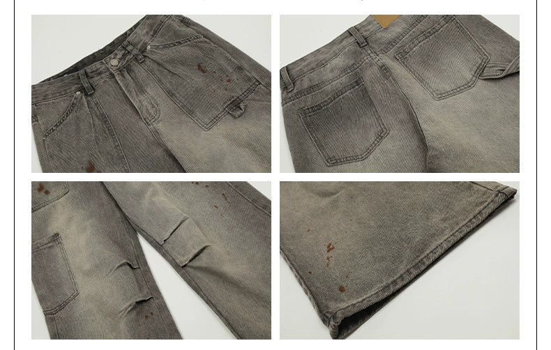 DISTRESSED DOUBLE PLATED CARGO DENIM PANTS
