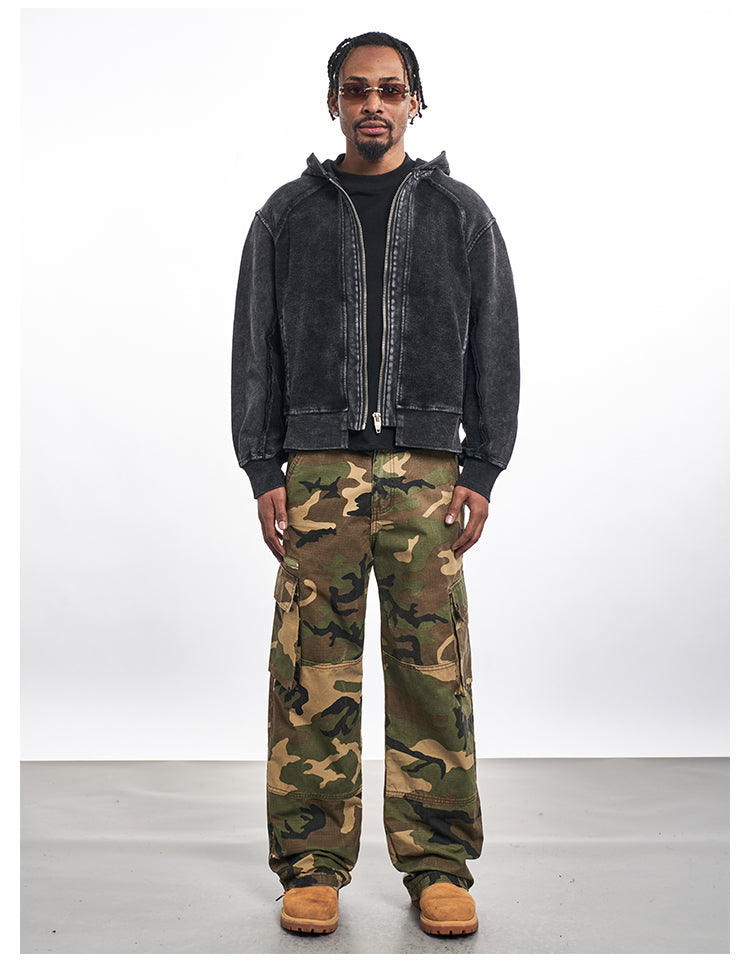 PATCHWORK WASH DISTRESSED ZIPPED HOODIE