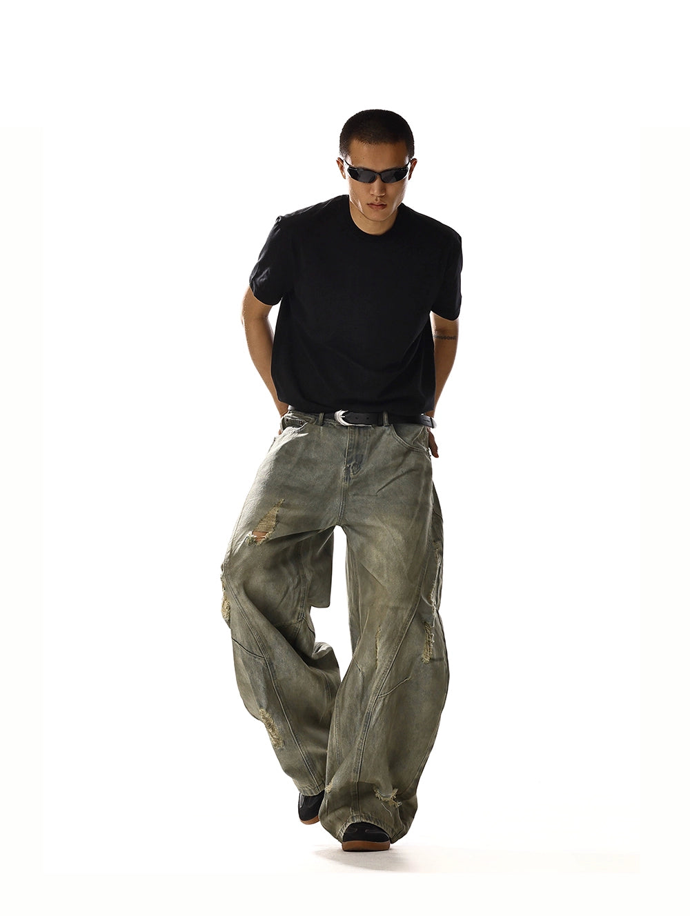 RETRO WASHED DISTRESSED RIPPED DAMAGE DENIM PANTS