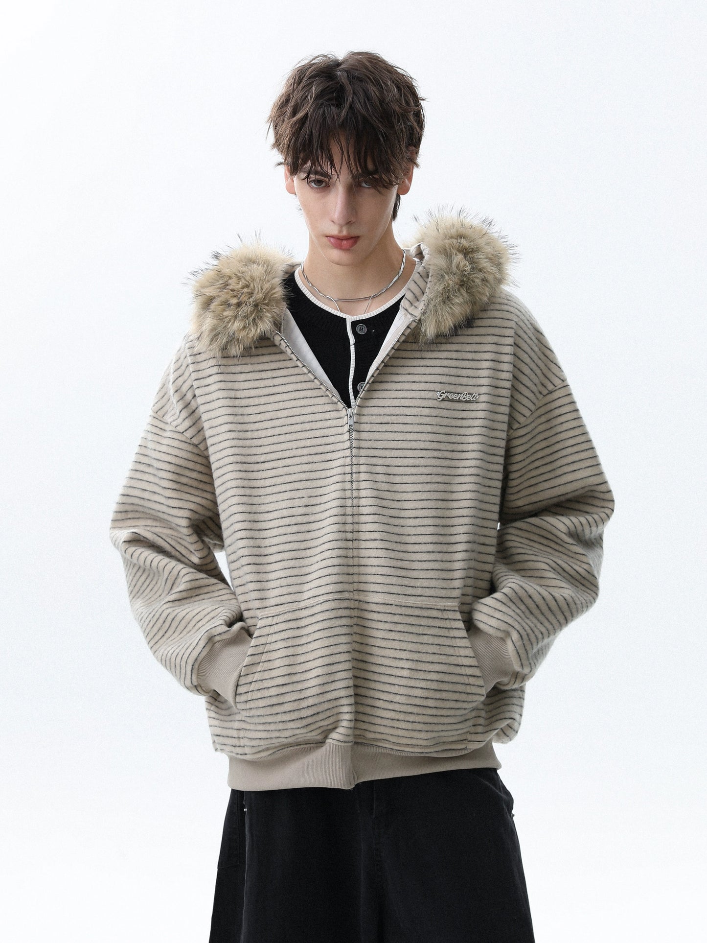 STRIPED FUR HOODED ZIP-UP