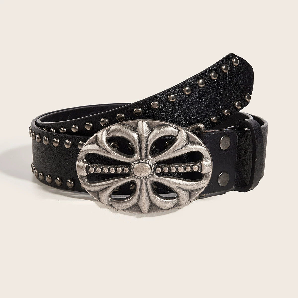 OVAL CROSS EMBOSSED BUCKLE STUD BELT