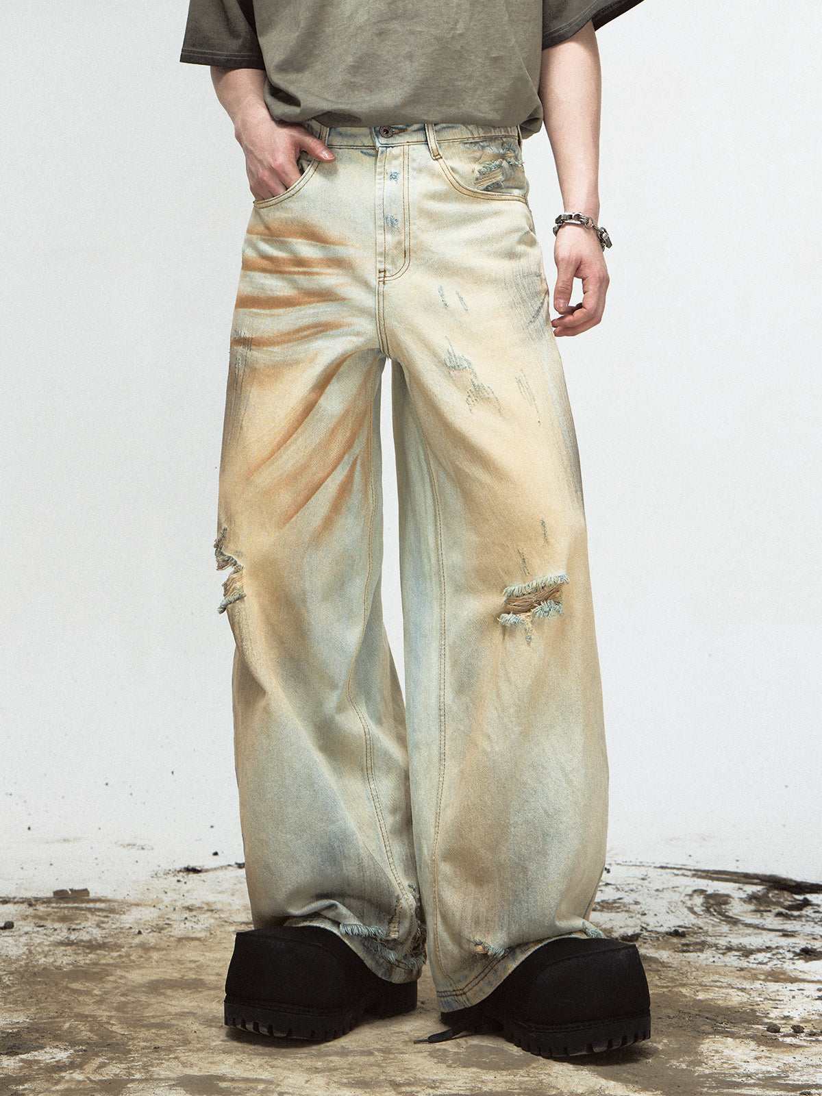 YELLOW MUD DYED WASHED DISTRESSED DENIM PANTS