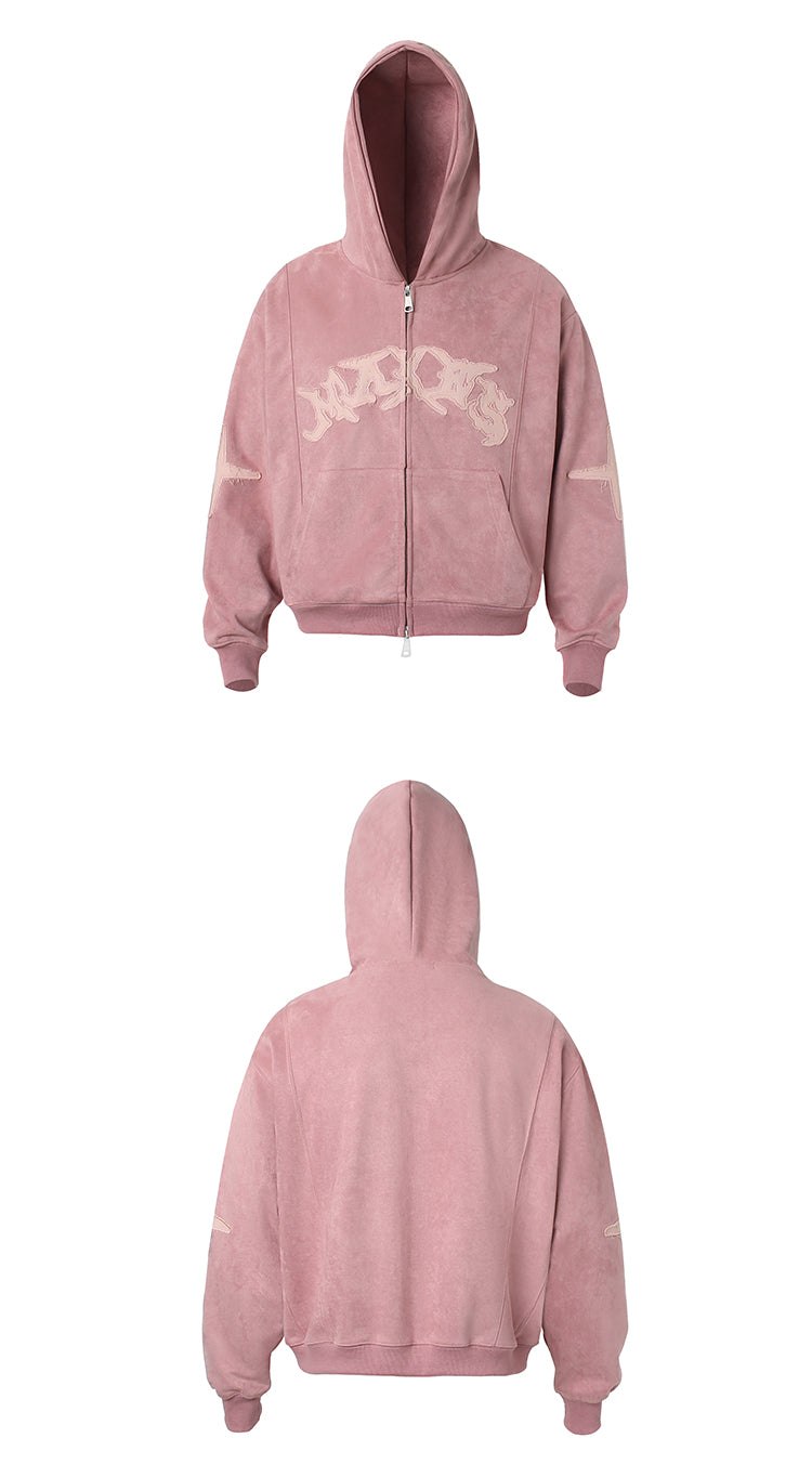 EMBROIDERED SUEDE ZIPPED HOODIE