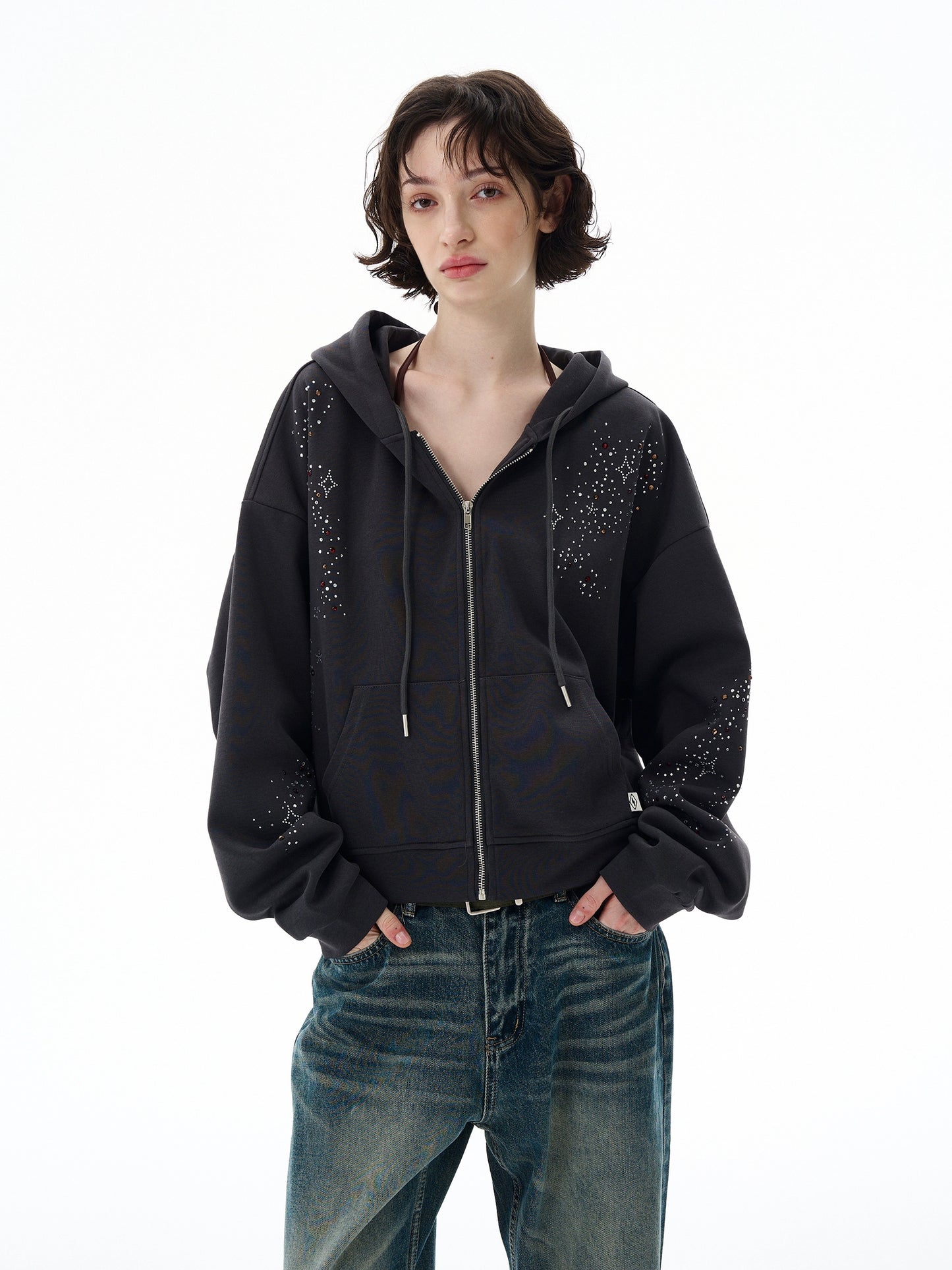 STARRY RHINESTONE ZIPPED HOODIE