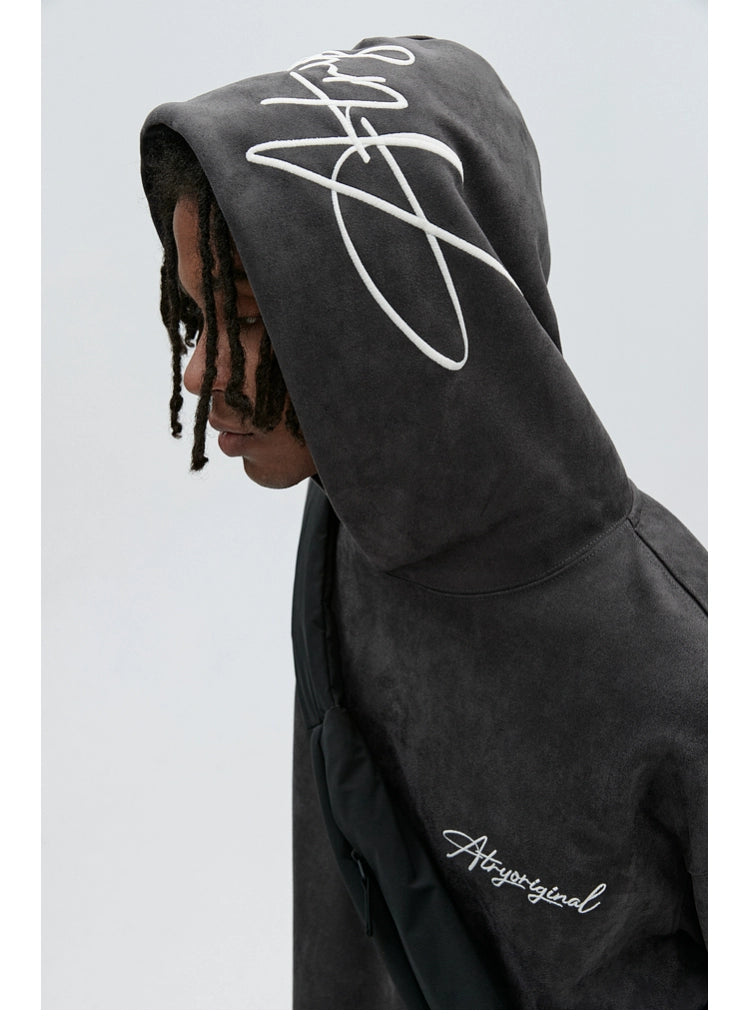 SCRIPT EMBROIDERIED SUEDE WASHED HOODIE