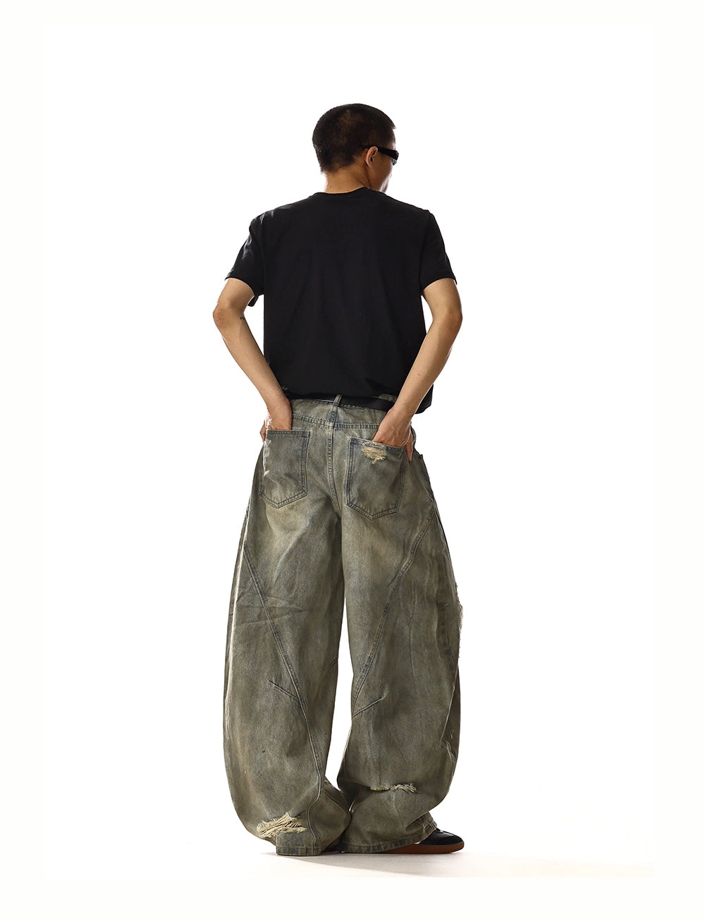 RETRO WASHED DISTRESSED RIPPED DAMAGE DENIM PANTS