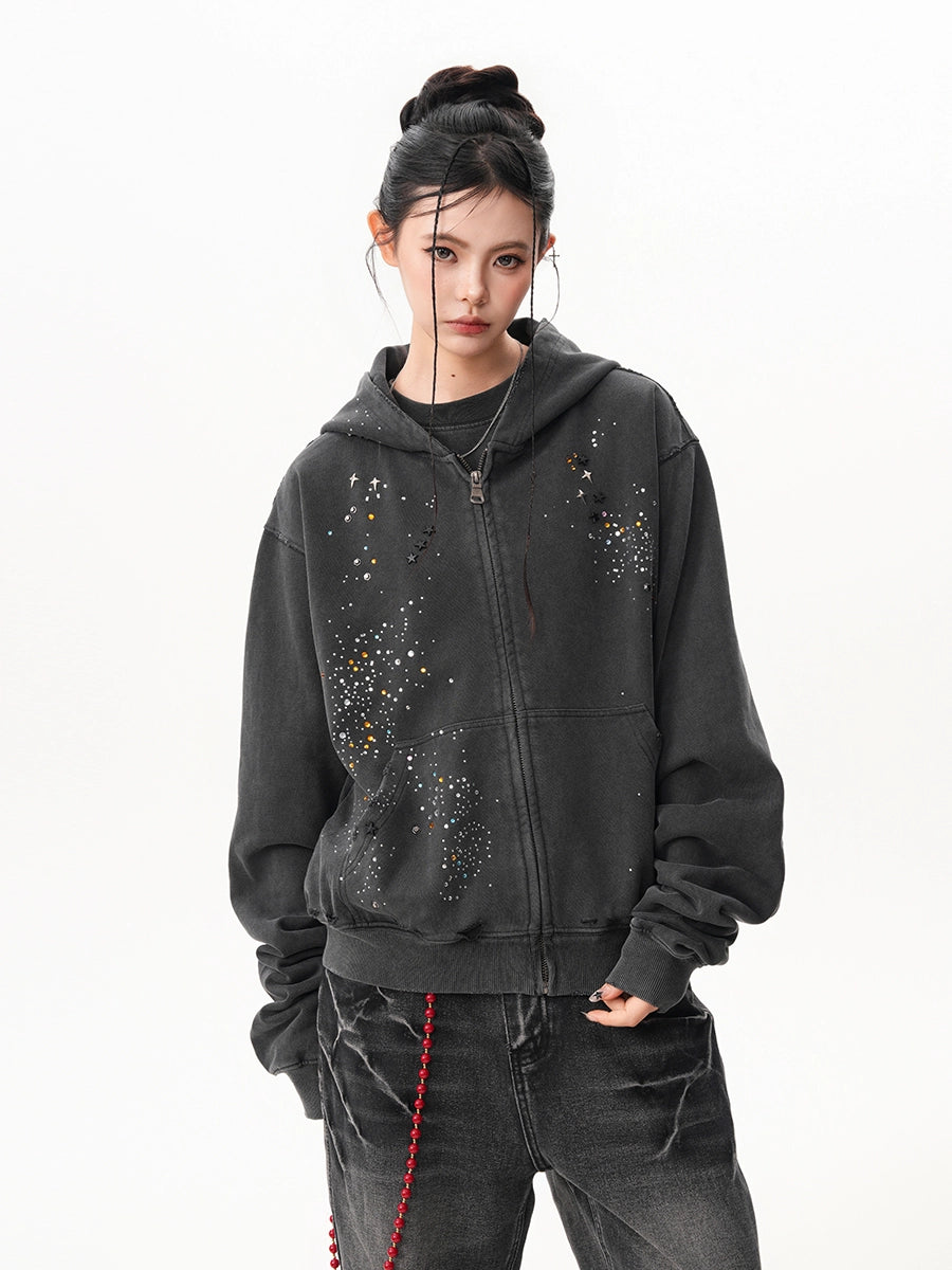 RHINESTONE DAMAGED ZIPPED HOODIE