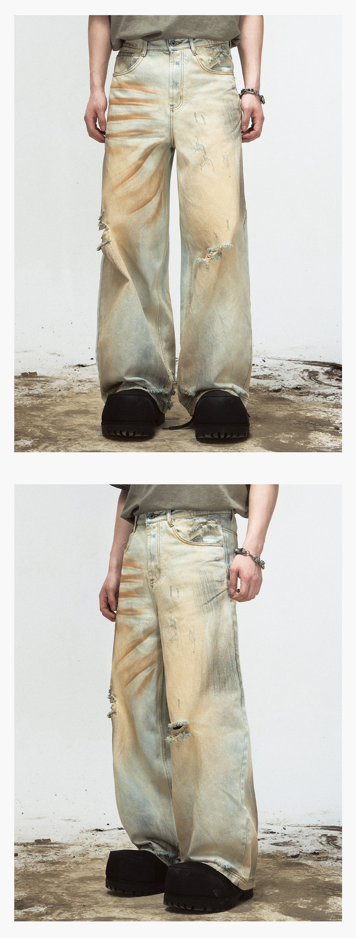 YELLOW MUD DYED WASHED DISTRESSED DENIM PANTS