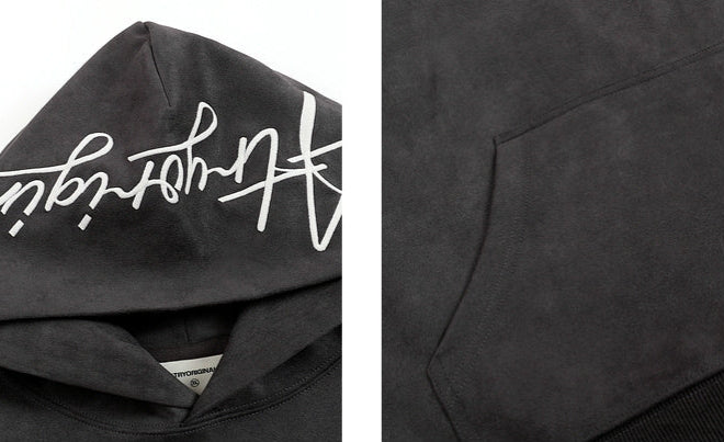 SCRIPT EMBROIDERIED SUEDE WASHED HOODIE