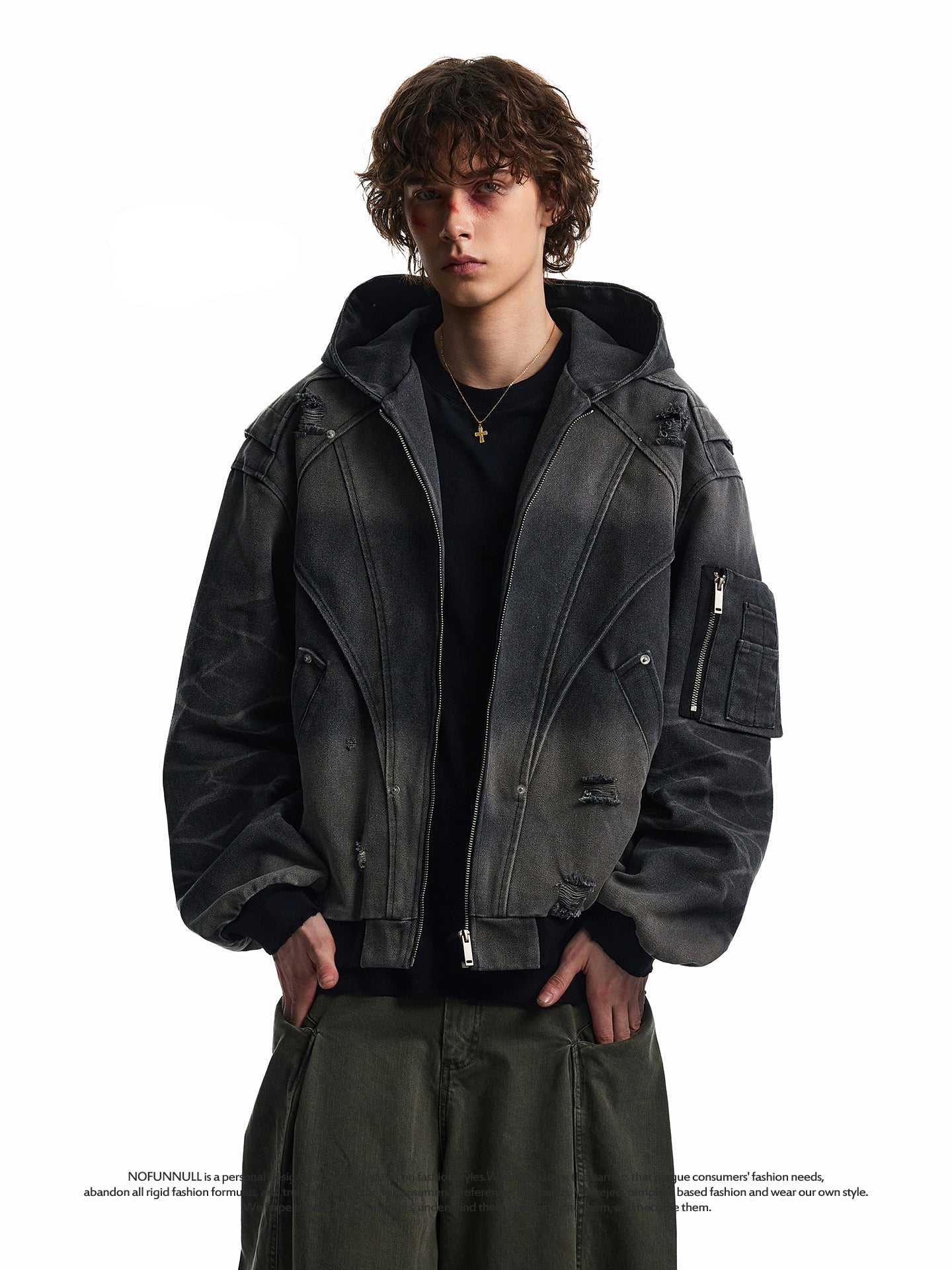 WASHED DAMAGE DISTRESSED WORK HOODED JCKET