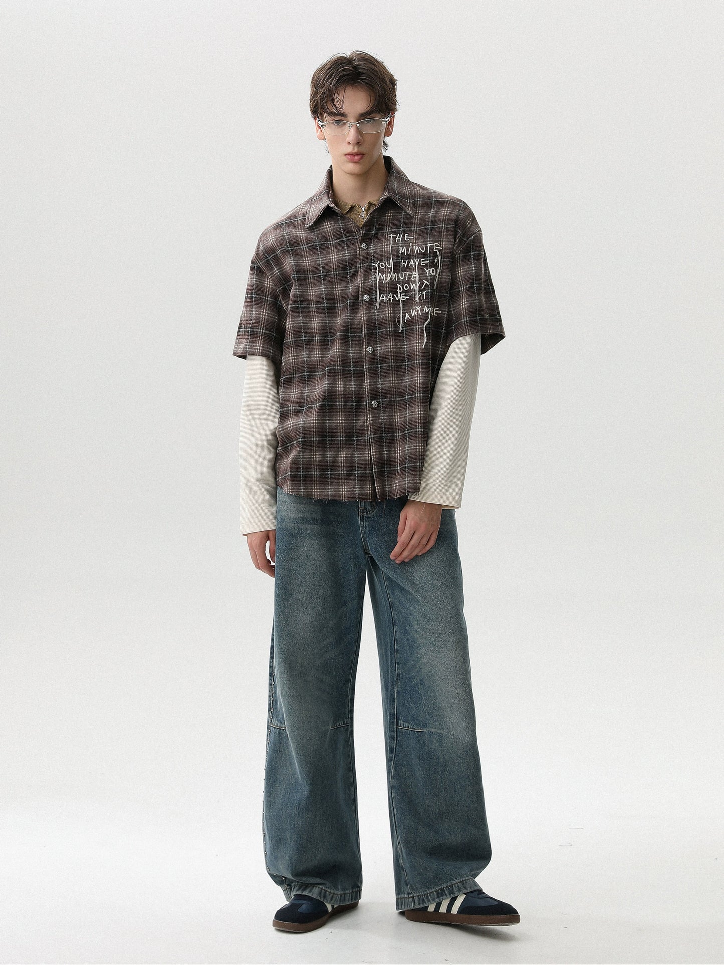 LAYERED CHECK GRAFFITI DAMAGE SHIRT