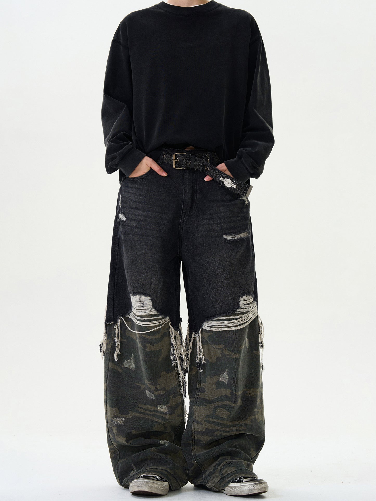 FAKE TWO CAMO STITCHING DENIM PANTS