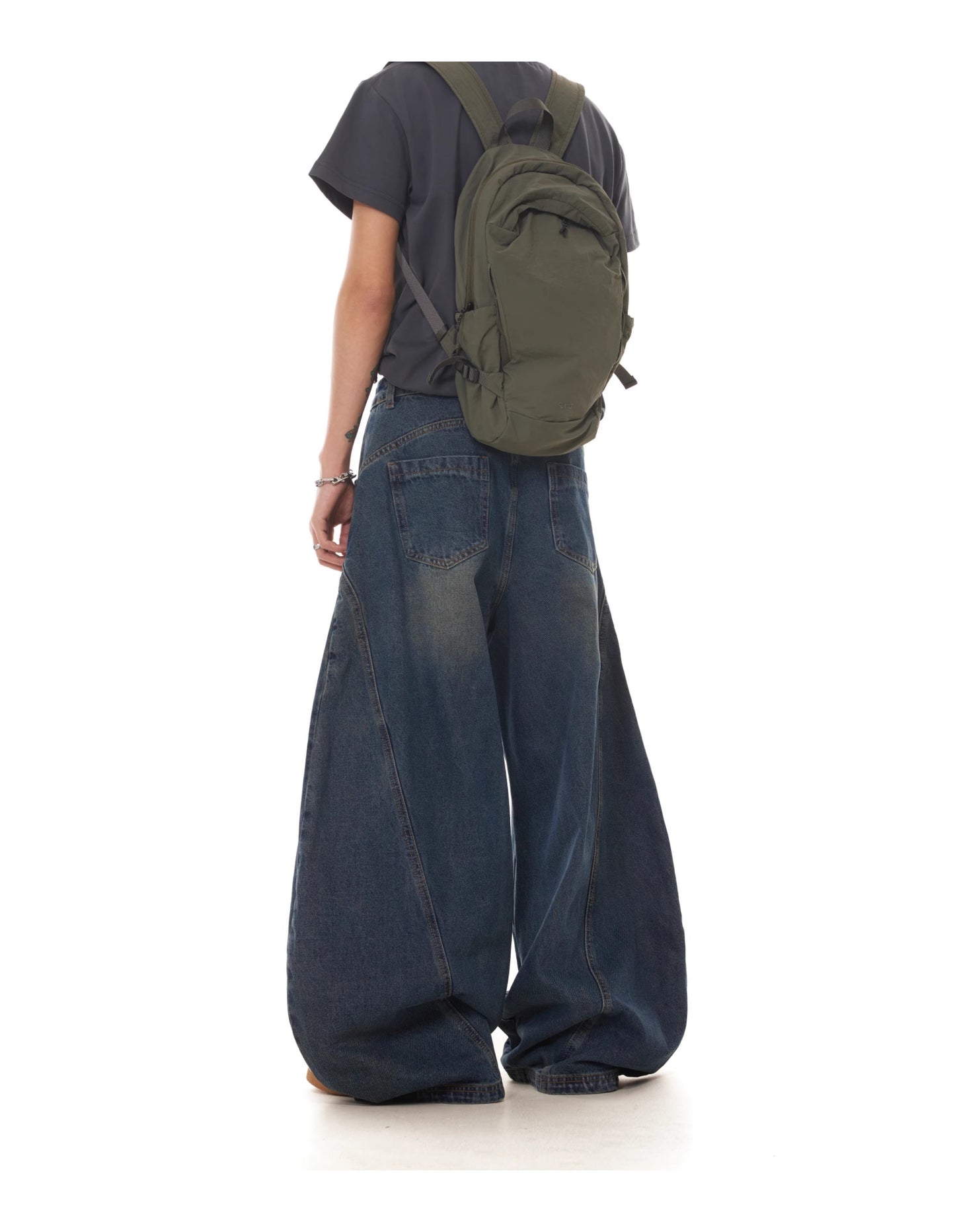VINATGE WASHED PRESSED WHISKERS BAGGY DENIM PANTS