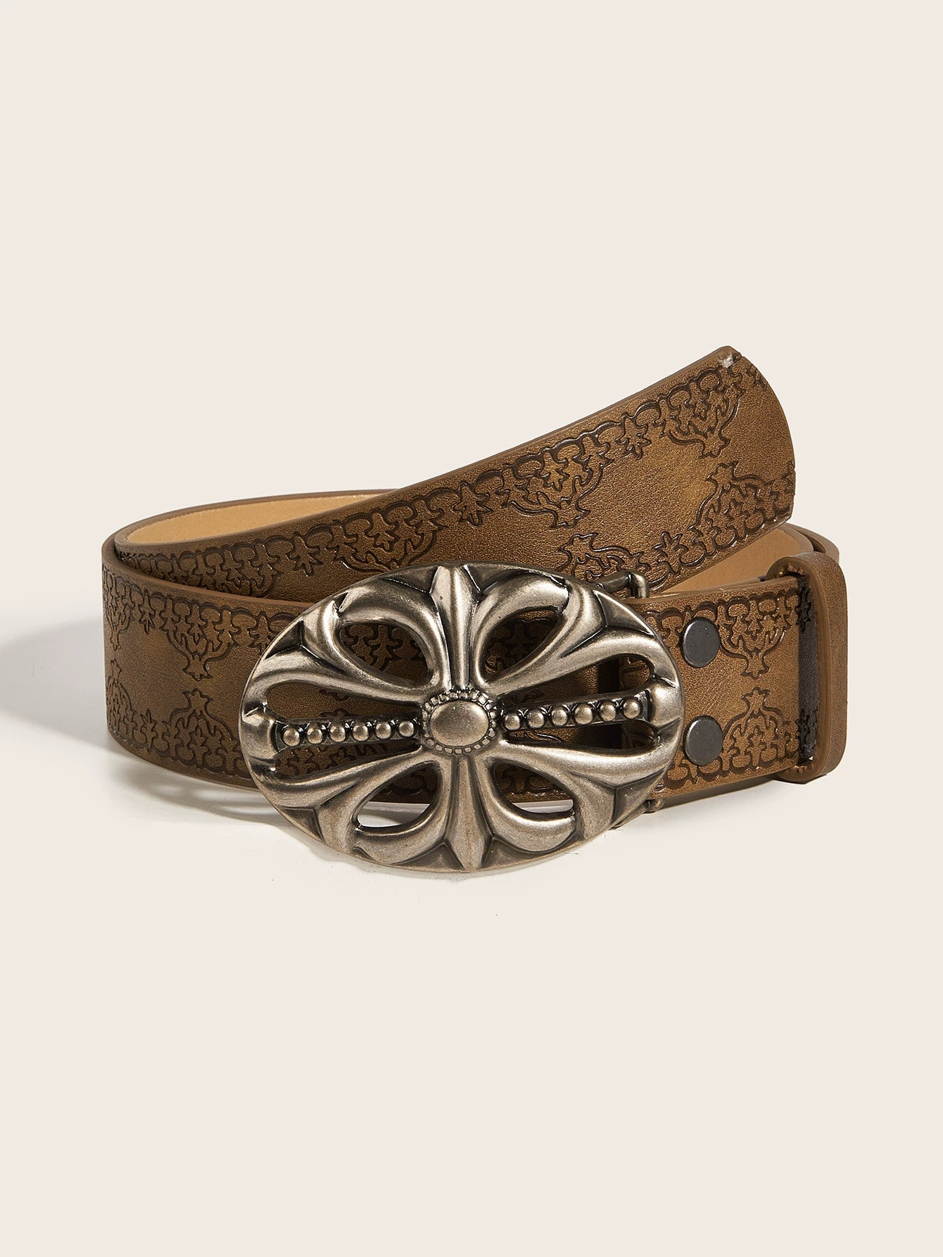 OVAL CROSS EMBOSSED BUCKLE STUD BELT