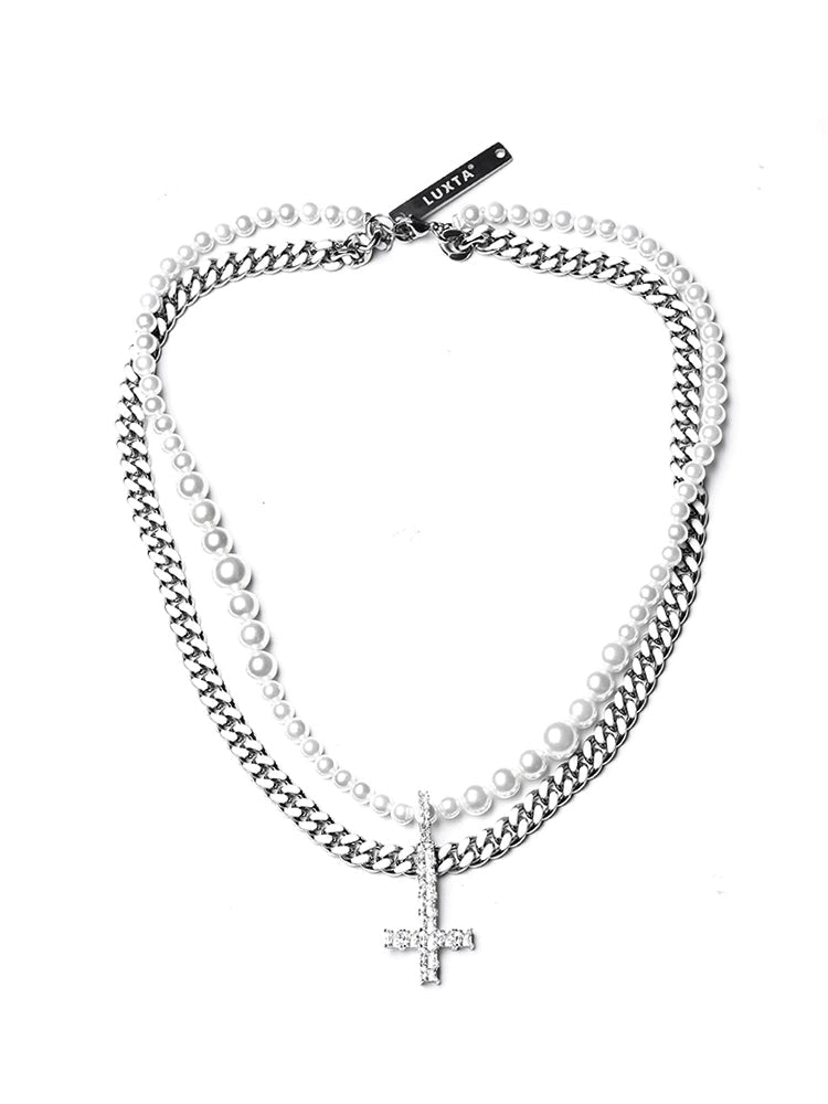 PEARL CROSS DOUBLE CHAIN NECKLACE