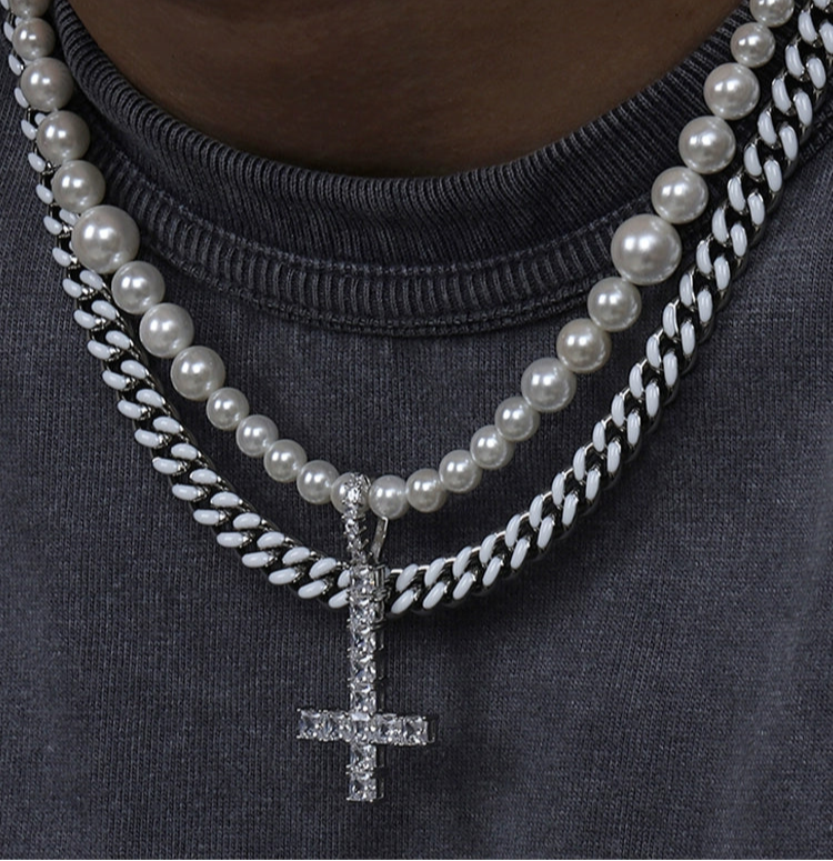 PEARL CROSS DOUBLE CHAIN NECKLACE