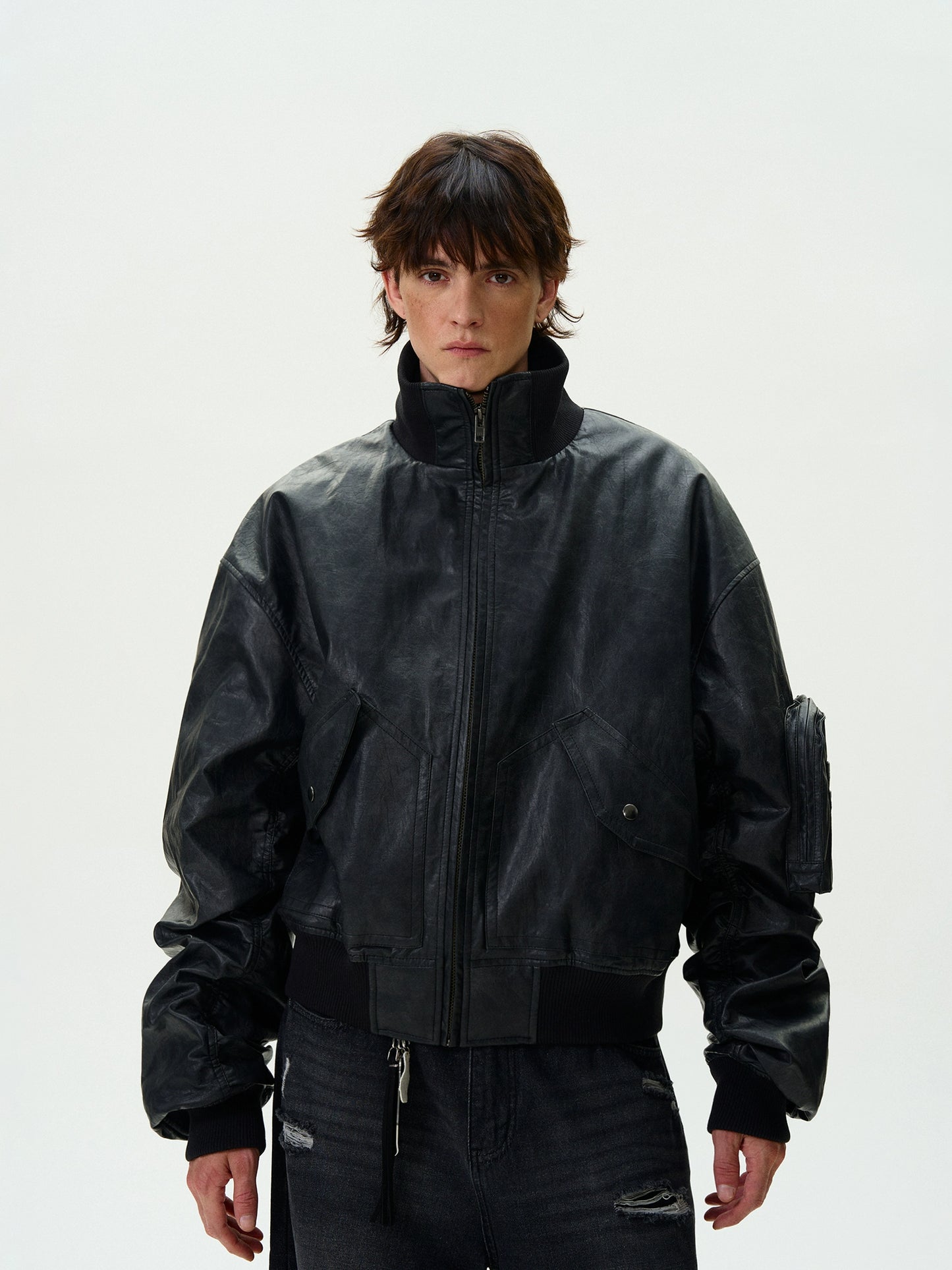WASHED BOMBER PADDED PU LEATHER JACKET