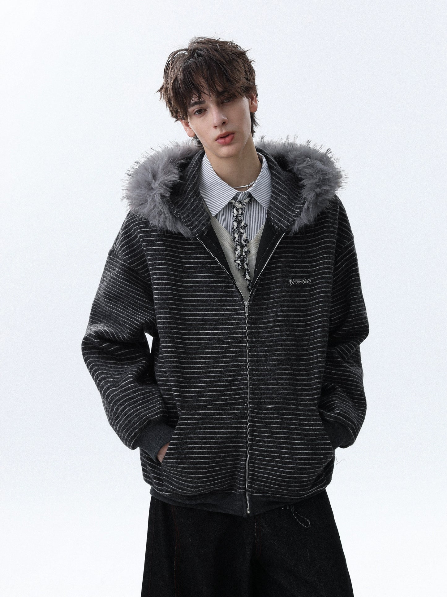 STRIPED FUR HOODED ZIP-UP