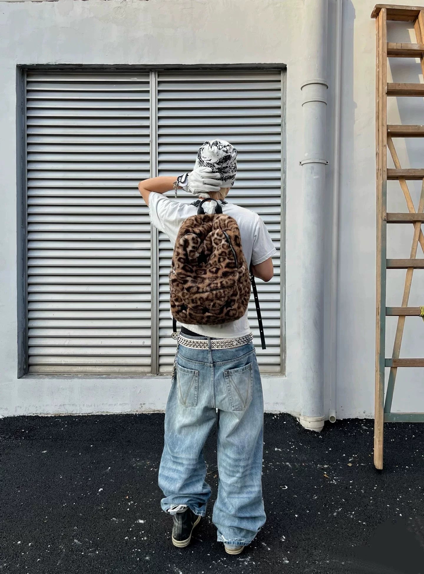 Leopard Fur Studded Star Backpack
