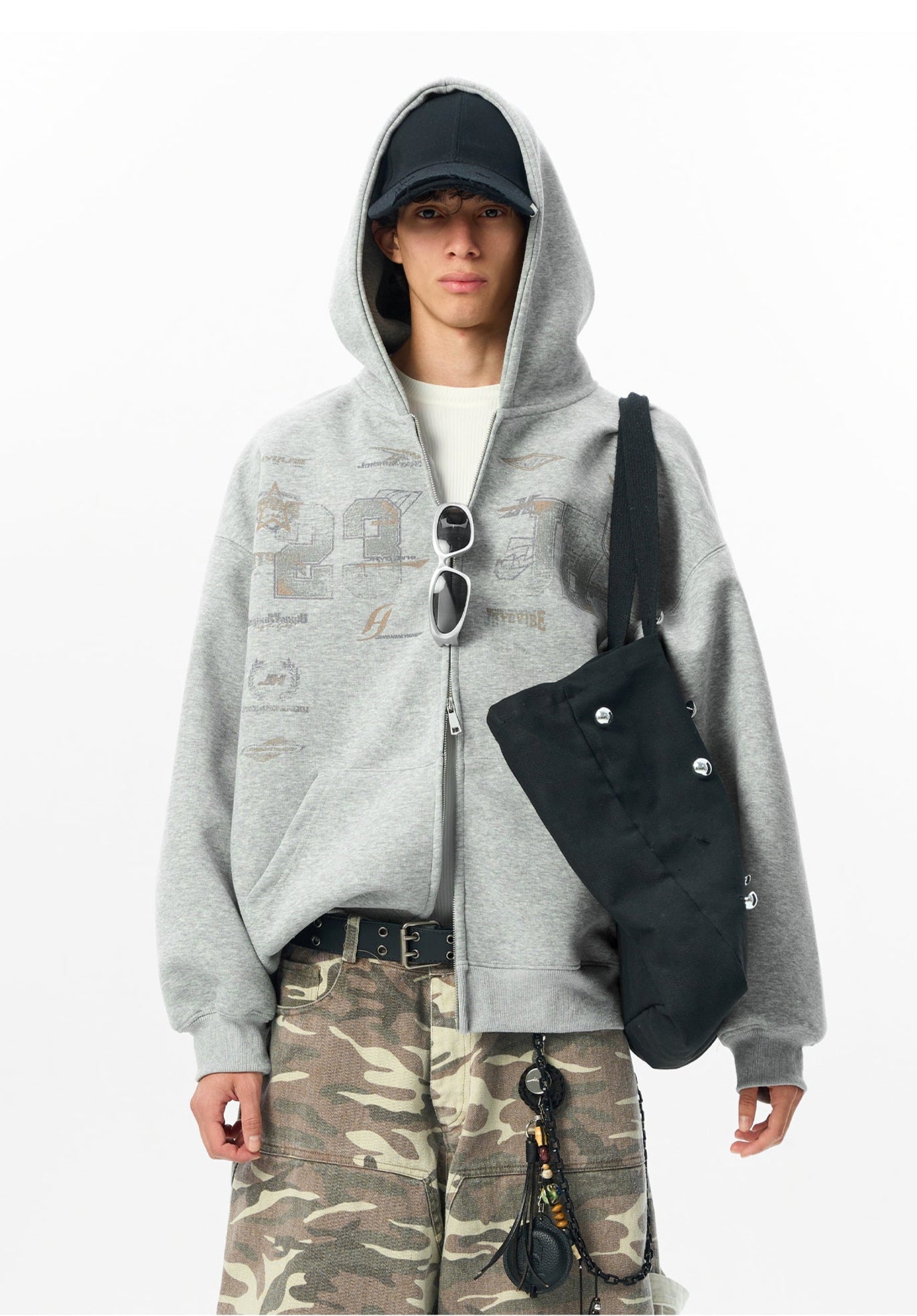 SCRATCHED GRAPHIC DOUBLE ZIPPED HOODIE