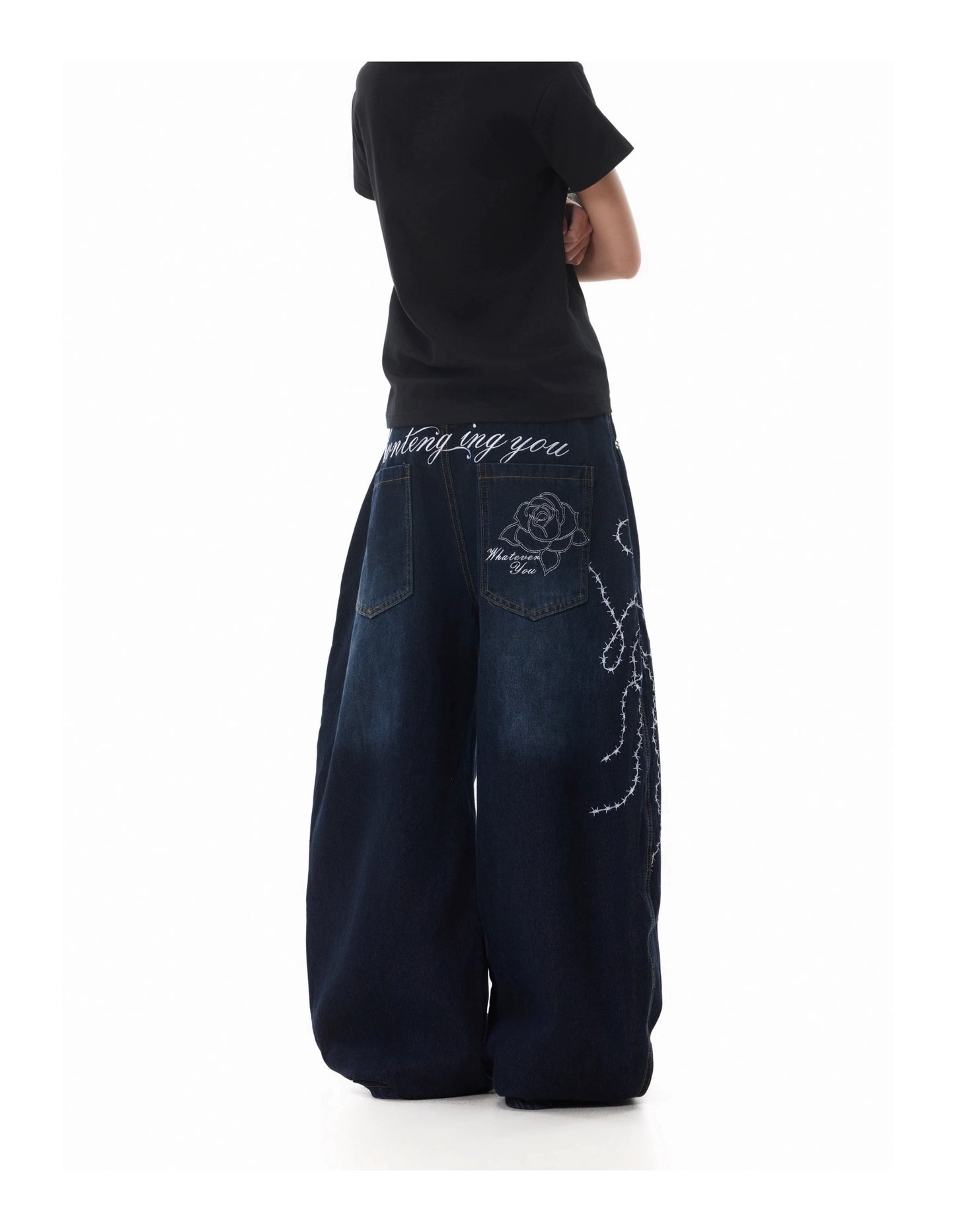 BACK PRINT LIGHTNING WASH DISTRESSED BAGGY DENIM PANTS