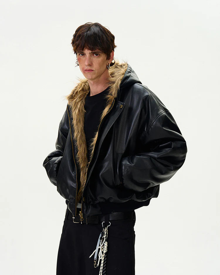REVERSIBLE PU LEATHER FUR BOMBER JACKET
