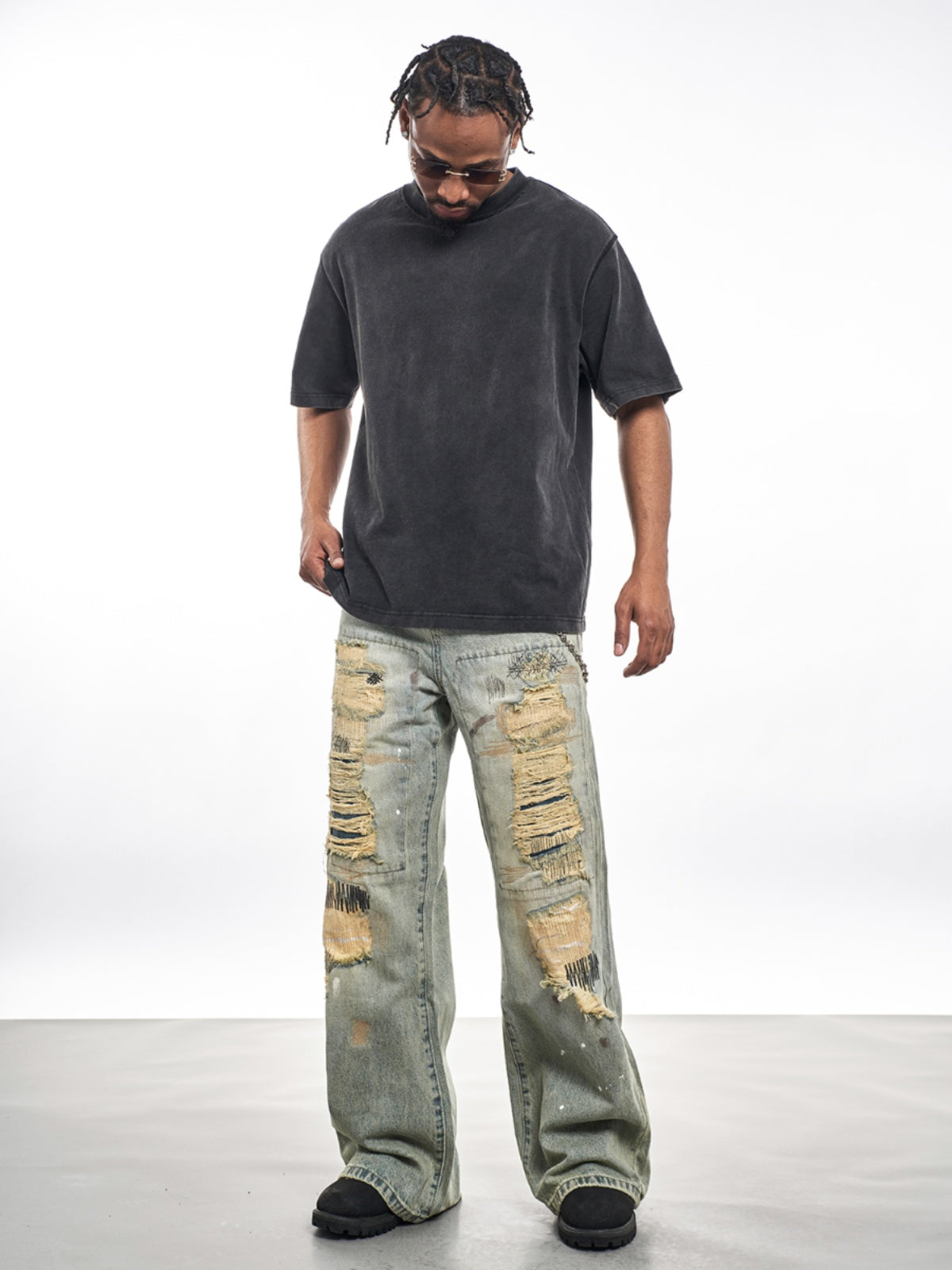 DESTRUCTION WASHED DAMAE DENIM PANTS