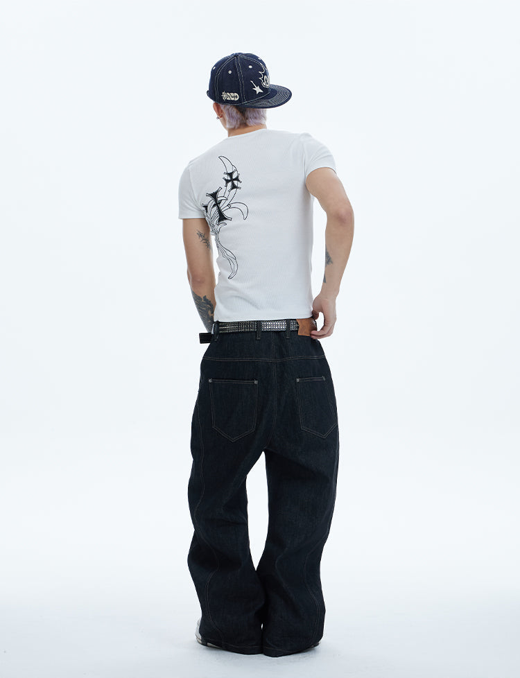 ASYMMETRIC BUTTON BAGGY DENIM