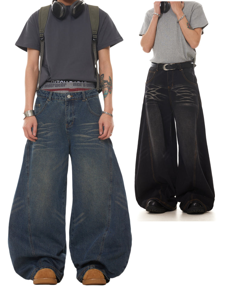 VINATGE WASHED PRESSED WHISKERS BAGGY DENIM PANTS