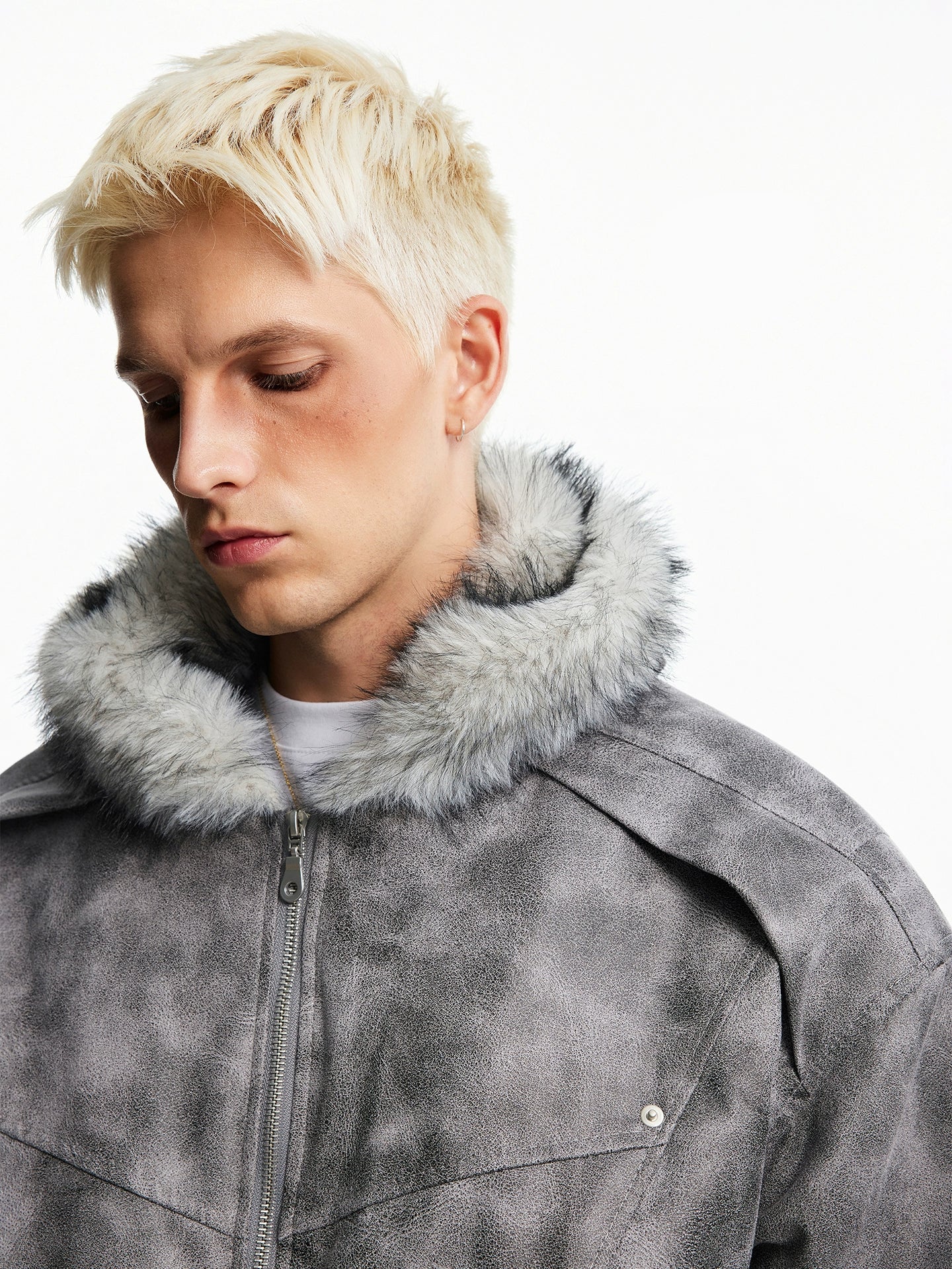 HEAVY SUEDE FUR HOODED BOMBER JACKET