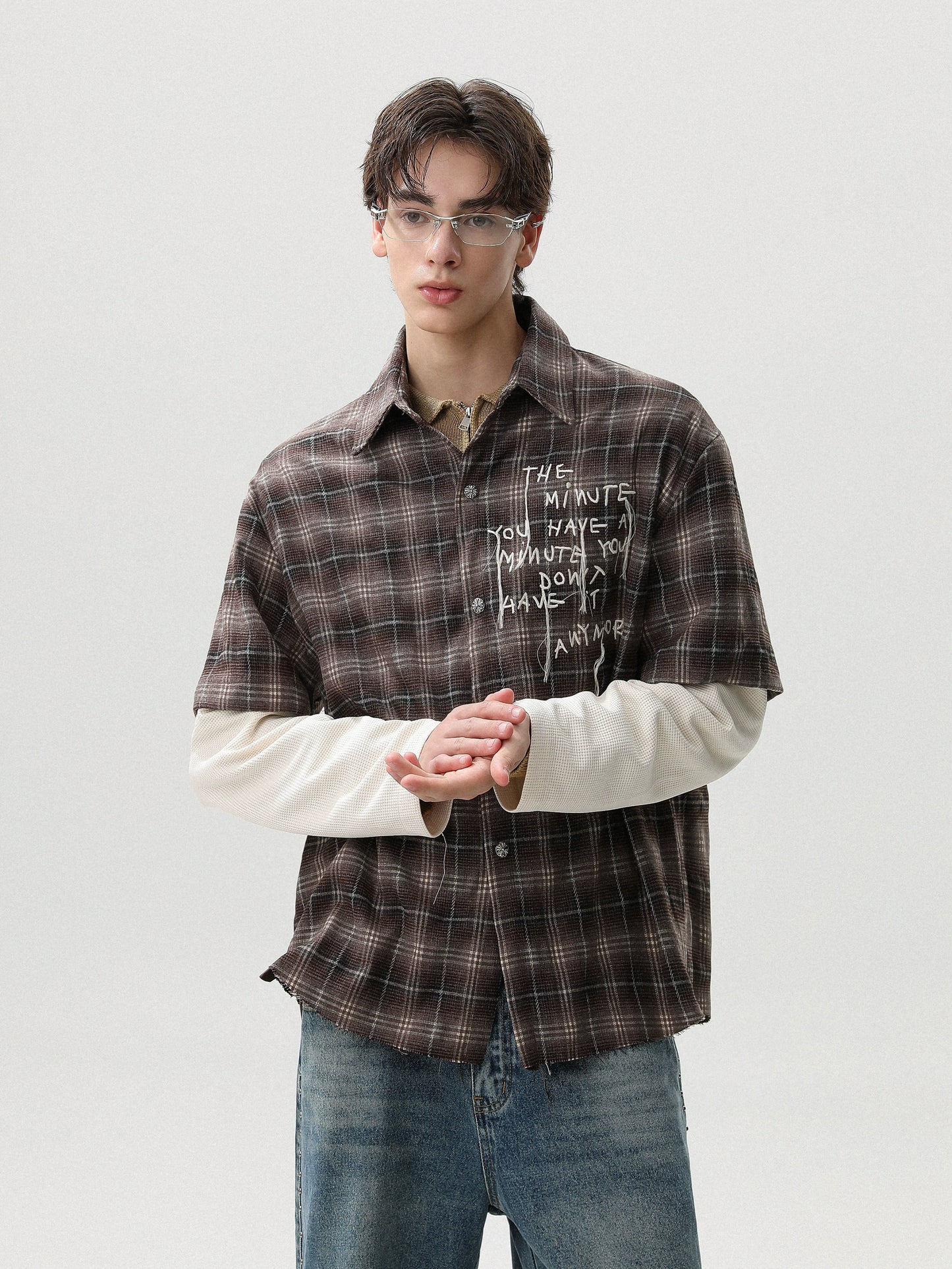 LAYERED CHECK GRAFFITI DAMAGE SHIRT