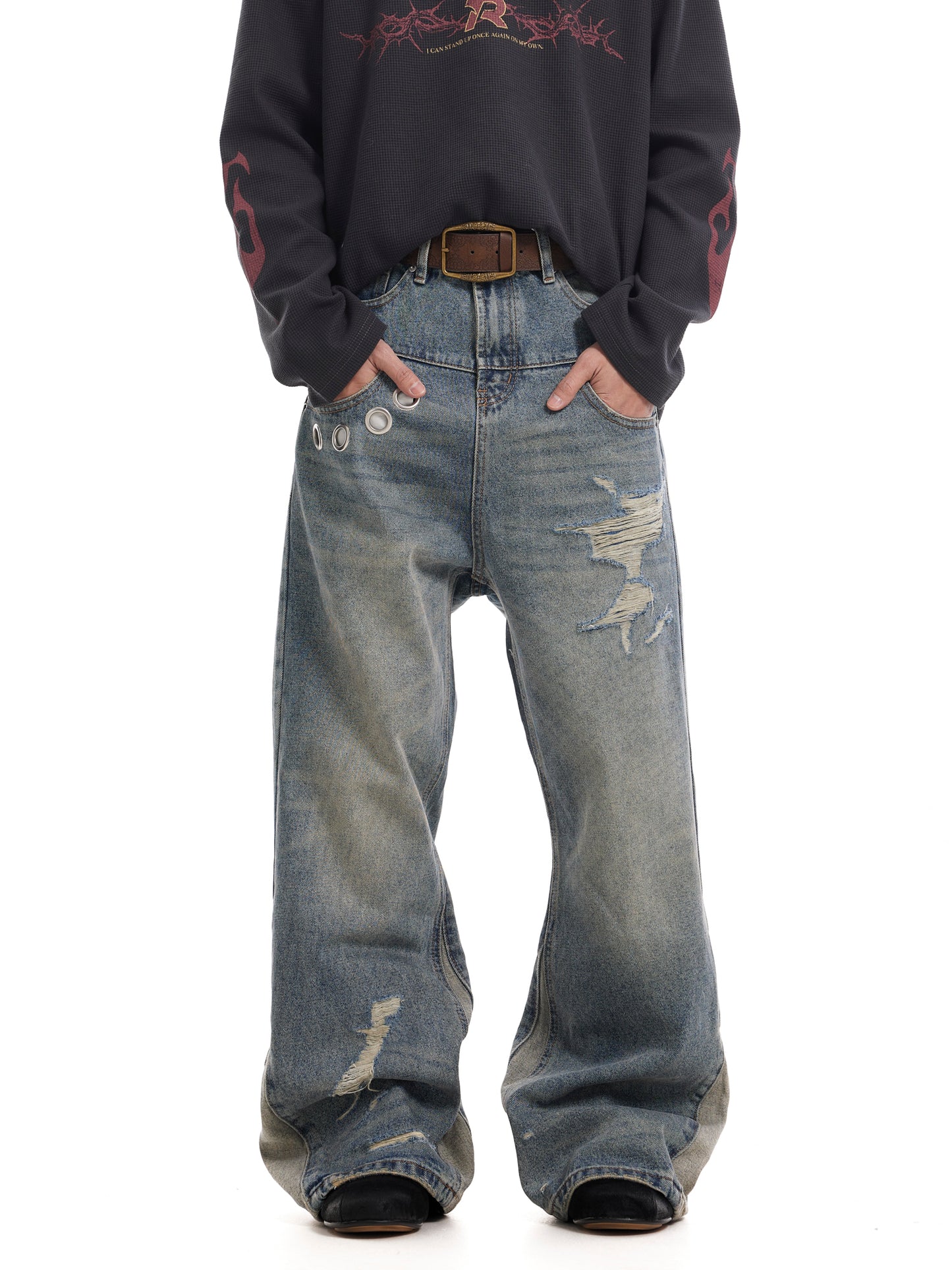 layered LAYERED WASHED VINTAGE DENIM PANTS