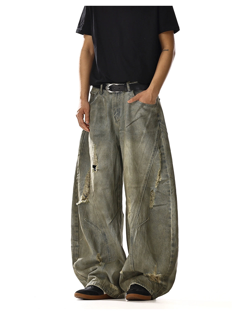 RETRO WASHED DISTRESSED RIPPED DAMAGE DENIM PANTS