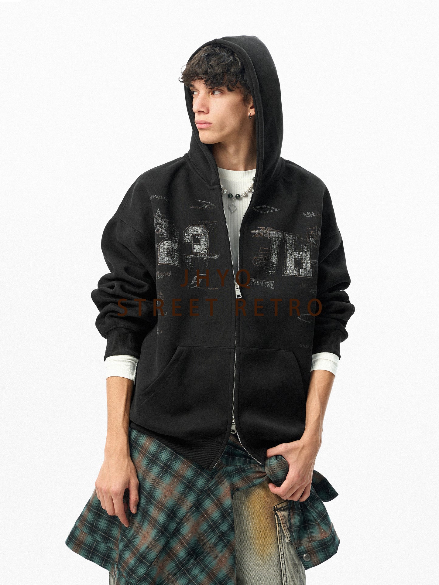 SCRATCHED GRAPHIC DOUBLE ZIPPED HOODIE