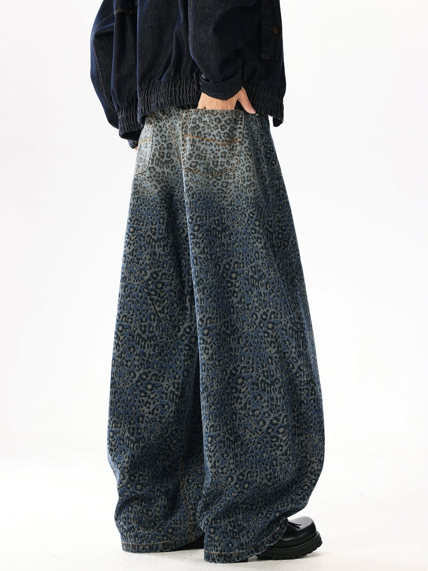 WASHED LEOPARD PRINT WIDE-LEG SCIMITAR JEANS
