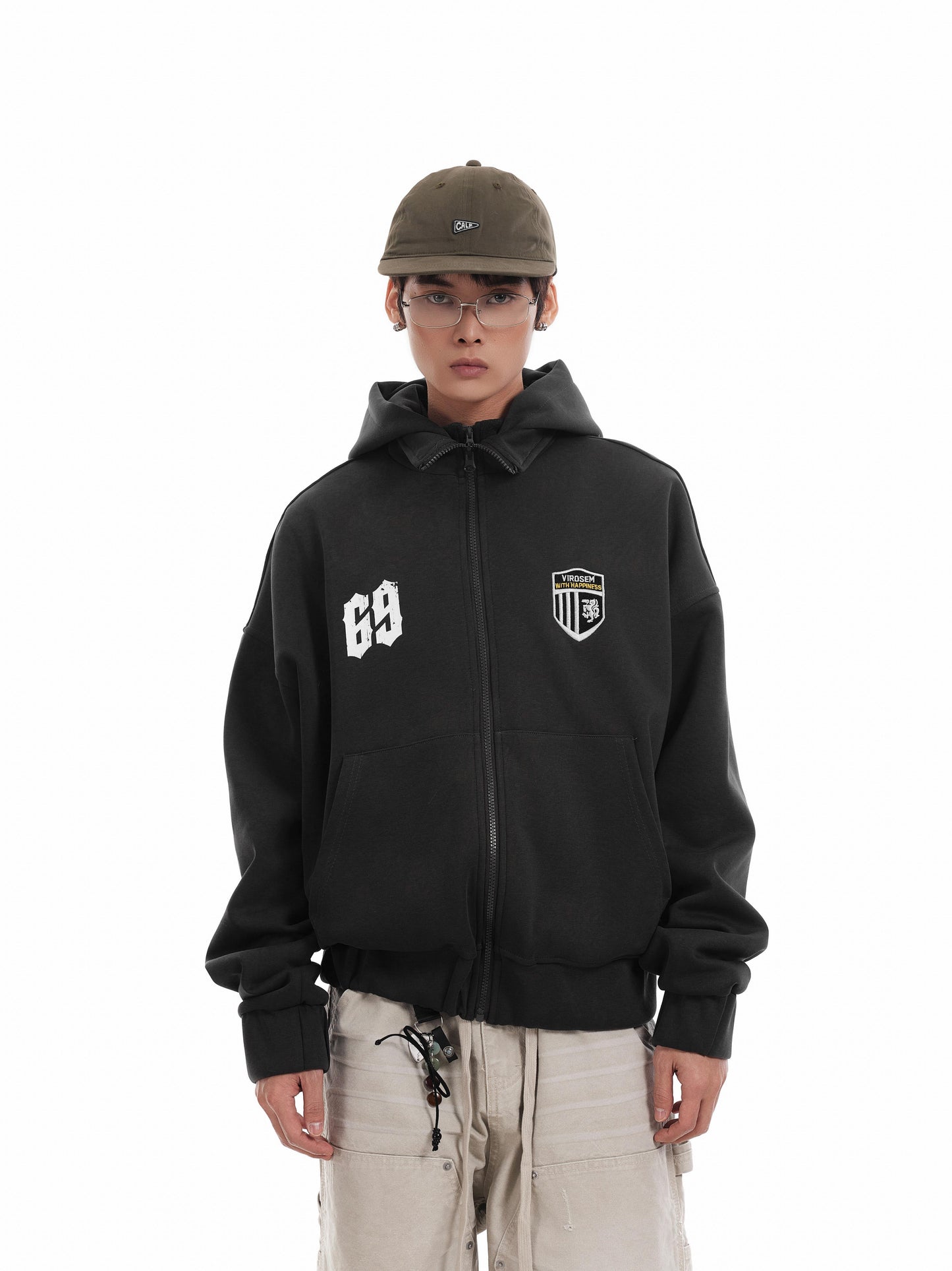 WASHED FOOTBALL EMBLEM ZIPPED HOODIE