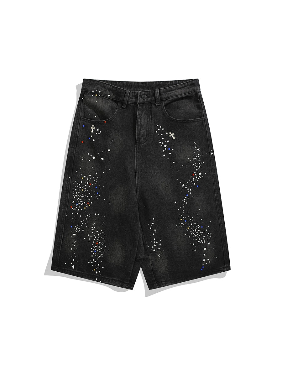 WASHED RHINESTONE DENIM SHORTS