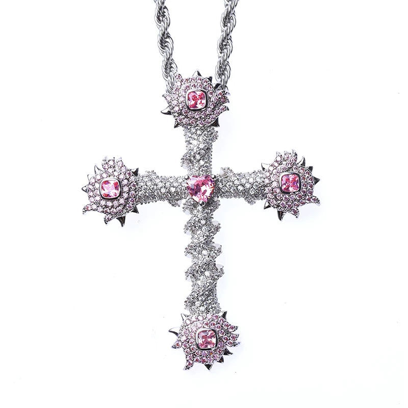 THORN PINK ICED CROSS NECKLACE