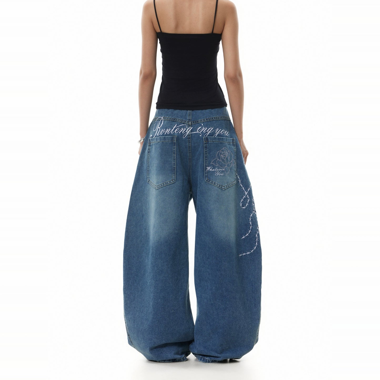 BACK PRINT LIGHTNING WASH DISTRESSED BAGGY DENIM PANTS